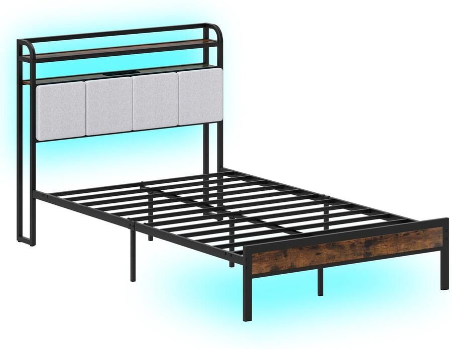 COSTWAY Bed met ledverlichting en laadstation 140 x 200 cm tweepersoonsbed met gevoerd hoofdeinde 2-traps opbergruimte en lattenbodem bedframe platformbed belastbaar tot 500 kg