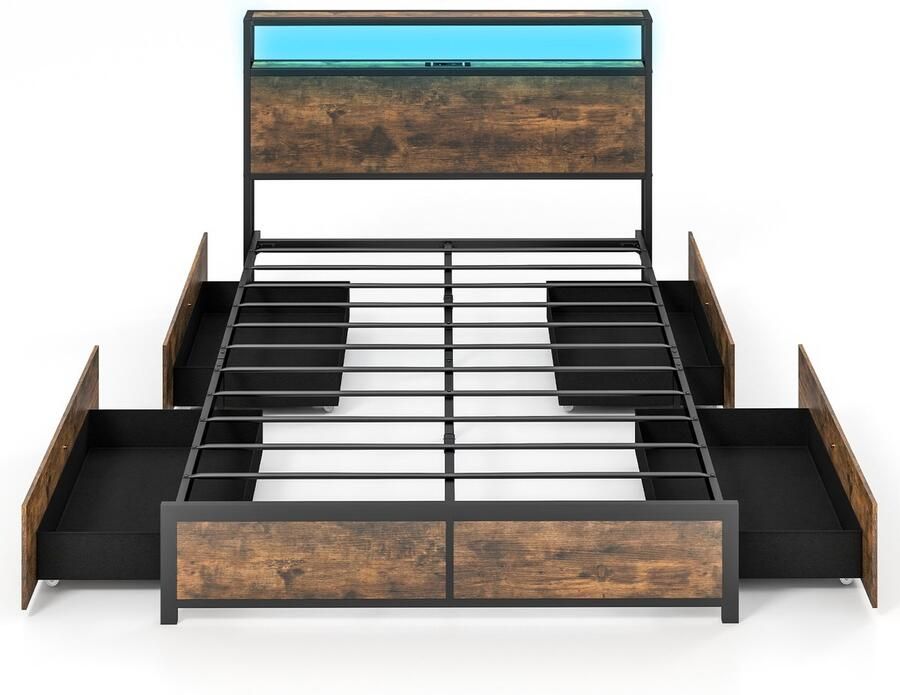COSTWAY Bed met ledverlichting laadstation en 4 laden opbergbed met hoofdeinde en lattenbodem industrieel bedframe metalen bed tweepersoonsbed 200 x 140 cm