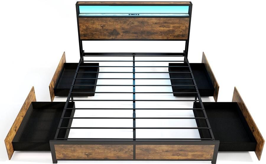 COSTWAY Bed met ledverlichting laadstation en 4 laden opbergbed met hoofdeinde en lattenbodem industrieel bedframe metalen bed tweepersoonsbed 200 x 160 cm