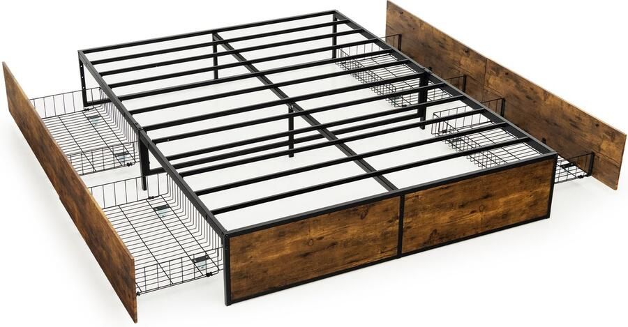 COSTWAY Bedframe voor tweepersoonsbed met 4 laden 200 x 140 cm tweepersoonsbedframe met houten poten en lattenbodem metalen bedframe slaapkamerbed