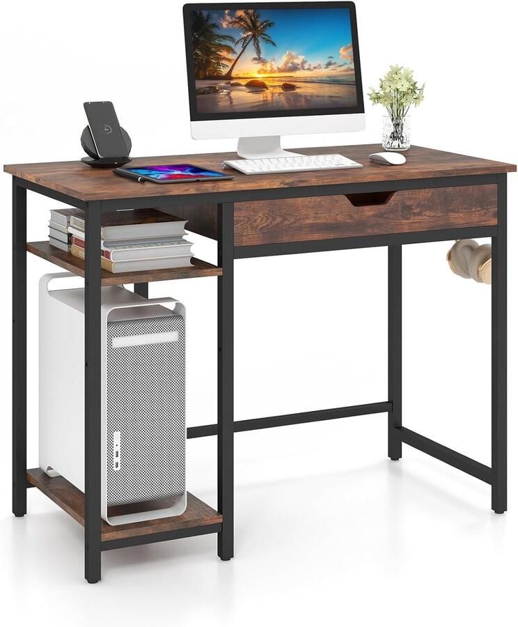 COSTWAY Bureau kleine computertafel met lade en verstelbaar rek pc-tafel met hoofdtelefoonhaak bureau voor thuiskantoor werkkamer 100 x 50 x 76 cm rustiek bruin
