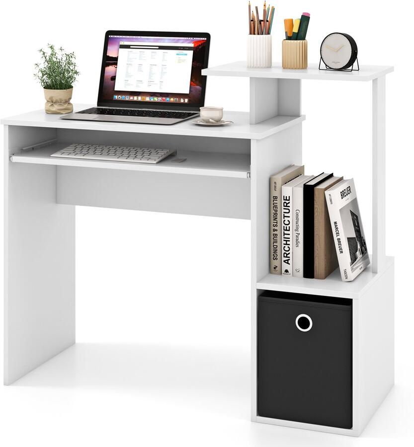 COSTWAY Bureau kleine computertafel met printerplank toetsenbordplank en afneembare stoffen lade pc-tafel bureau voor thuiskantoor 100 x 40 x 87 cm wit