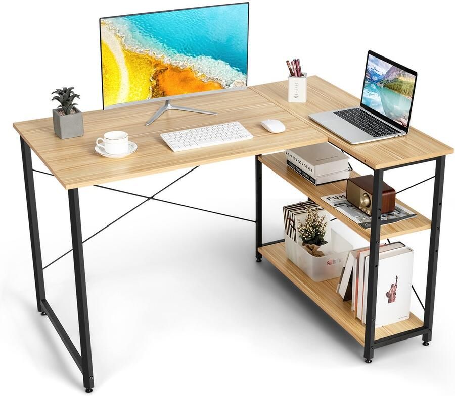 COSTWAY Bureau L-vorm computertafel met rek rechts of links hoekbureau met opbergvakken hoektafel kantoortafel voor thuiskantoor kleine ruimtes 120 x 88 x 74 5 cm (natuur)