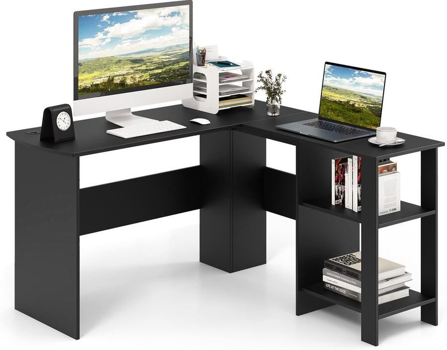 COSTWAY Bureau L-vorm hoekbureau met 2 kabeldoorgaten en opbergvakken hoektafel computertafel bureautafel voor thuis of kantoor 130 x 130 x 74 cm (zwart)