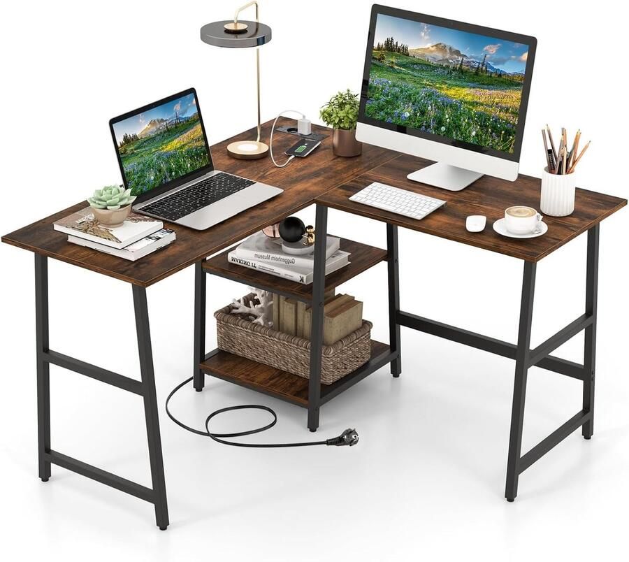 COSTWAY Bureau L-vorm hoekbureau met stopcontacten en USB-poorten hoektafel met legplanken computertafel bureautafel voor thuiskantoor 120 x 120 x 75 cm rustiek bruin