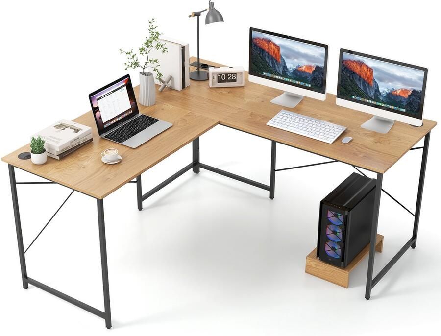COSTWAY Bureau L-vorm omkeerbaar hoekbureau met laadstation hoektafel met kabelgaten en afneembare CPU- monitorstandaard gaming computertafel kantoortafel voor thuiskantoor (natuur)