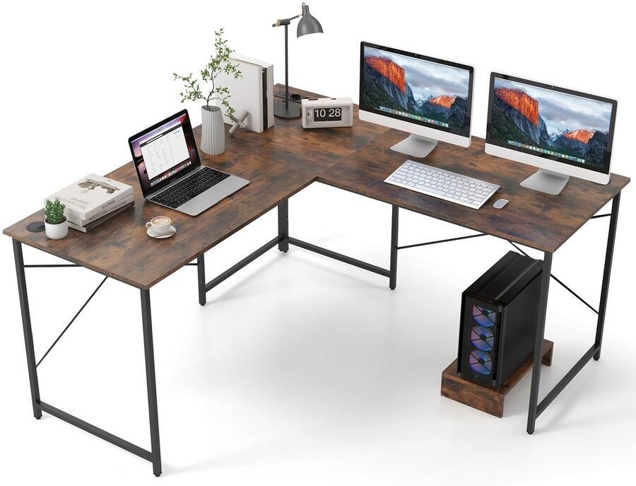 COSTWAY Bureau L-vorm omkeerbaar hoekbureau met laadstation hoektafel met kabelgaten en afneembare CPU- monitorstandaard gaming computertafel kantoortafel voor thuiskantoor (rustiek bruin)