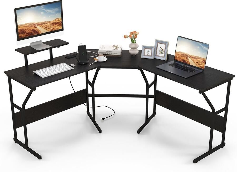 COSTWAY Bureau L-vorm omkeerbaar hoekbureau met monitorstandaard en laadstation hoektafel gaming-computertafel kantoortafel voor thuiskantoor (zwart)