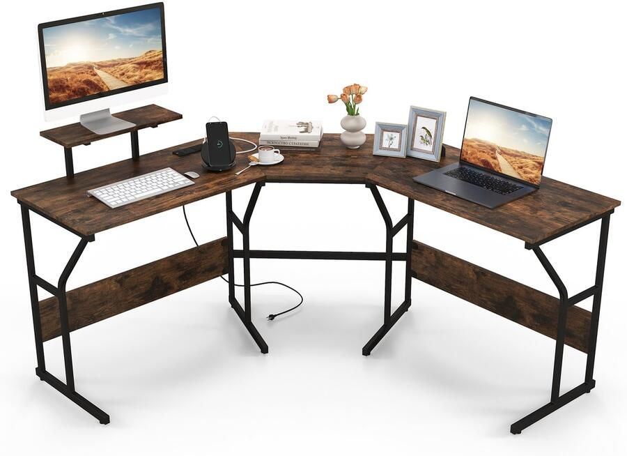 COSTWAY Bureau L-vorm omkeerbaar hoekbureau met monitorstandaard en laadstation hoektafel gaming-computertafel kantoortafel voor thuiskantoor (rustiek bruin)