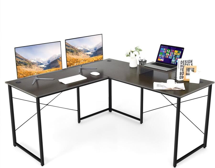 COSTWAY Bureau L-vorm omkeerbaar hoekbureau met monitorstandaard hoektafel met 3 kabelgaten gaming computertafel bureau voor thuiskantoor 150 x 150 x 74 cm (bruin) CB10122ZSDE