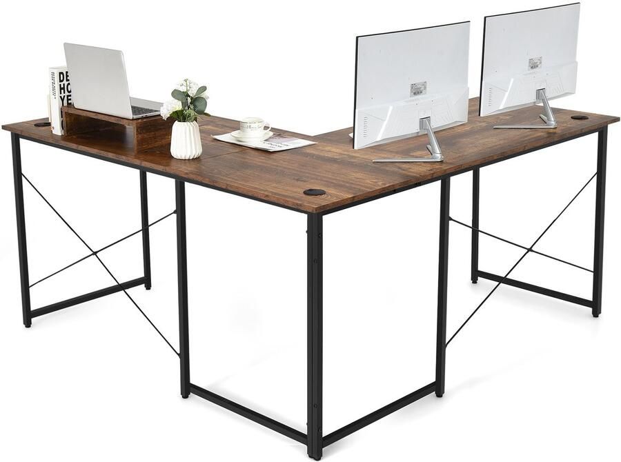 COSTWAY Bureau L-vorm omkeerbaar hoekbureau met monitorstandaard hoektafel met 3 kabelgaten gaming computertafel bureautafel voor thuiskantoor 150 x 150 x 74 cm (rustiek bruin)