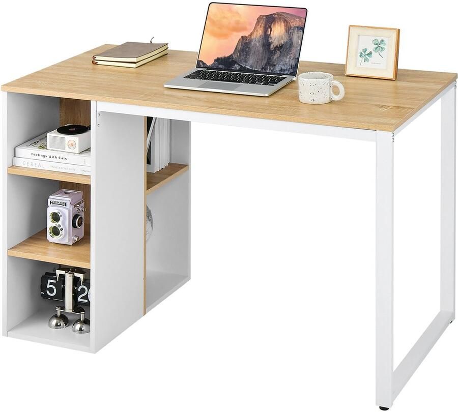 COSTWAY Bureau met 5 vakken computertafel met metalen frame moderne werktafel bureautafel van hout pc-tafel 115 x 59 5 x 75 cm (natuur)