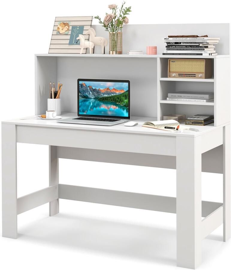 COSTWAY Bureau met opzetstuk computertafel met kabelgeleidingsgaten moderne werktafel pc-tafel bureautafel voor werkkamer en slaapkamer wit 120 x 54 x 129 cm
