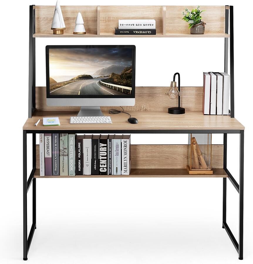COSTWAY Bureau met plank computertafel van hout met metalen frame en verstelbare voetkussens werktafel met open boekenkast 120 x 57 x 140 cm