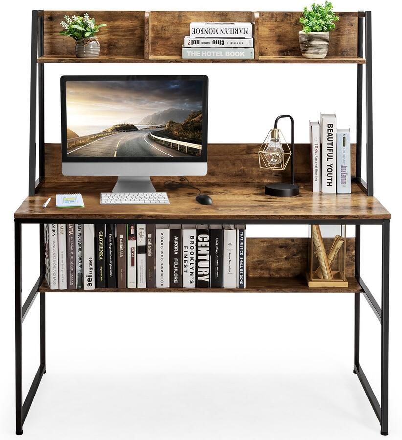 COSTWAY Bureau met plank computertafel van hout met metalen frame en verstelbare voetpads werktafel met open boekenkast 120 x 57 x 140 cm