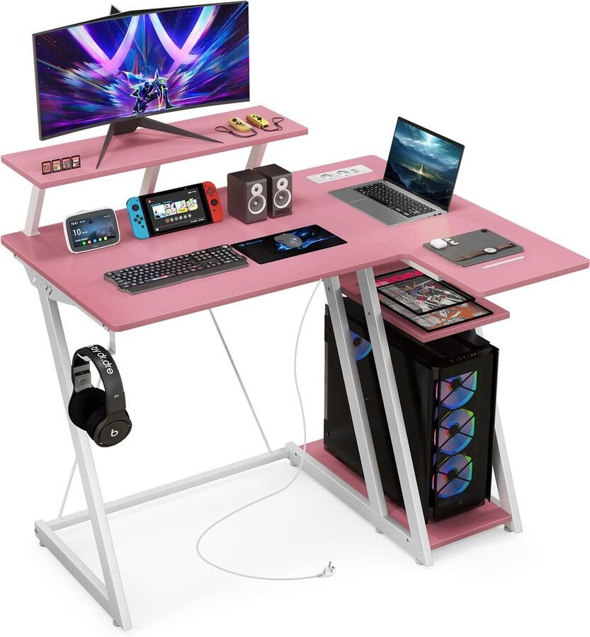 COSTWAY Bureau met stopcontacten en USB-poorten kleine computertafel met monitorstandaard hoofdtelefoonhaak opbergvak en CPU-standaard hoekbureau voor kleine ruimtes 107 x 45 x 93 cm (roze)