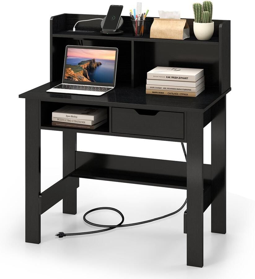COSTWAY Bureau met stopcontacten kleine computertafel met opzetstuk open vak en lade pc-tafel kantoortafel voor thuiskantoor 95 x 56 x 109 5 cm wit (zwart)