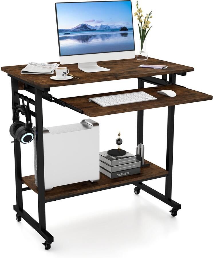 COSTWAY Bureau met wieltjes toetsenbordplank ruimtebesparende computertafel pc-tafel met legplank onder en haken industriële laptoptafel voor thuiskantoor vintage bruin
