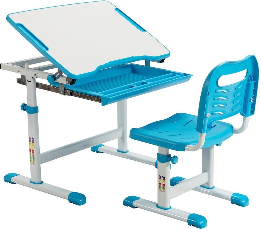 COSTWAY Bureau voor kinderen in hoogte verstelbaar met kantelbaar tafelblad en lade multifunctioneel bureau met stoel voor jongens en meisjes blauw