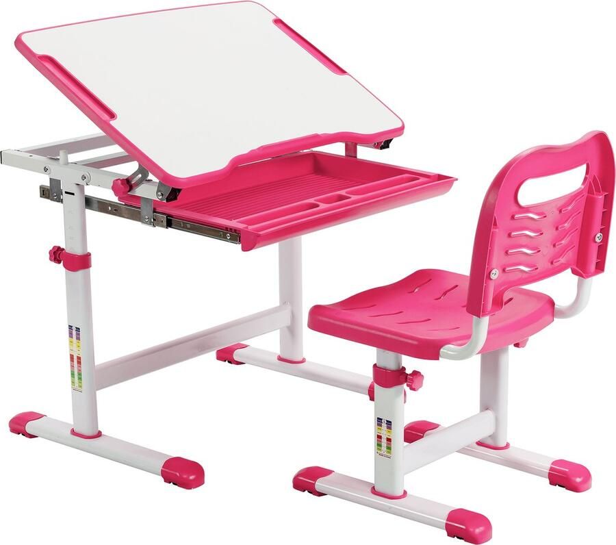 COSTWAY Bureau voor kinderen kinderbureau in hoogte verstelbaar met kantelbaar tafelblad en lade multifunctioneel bureau met stoel voor jongens en meisjes roze