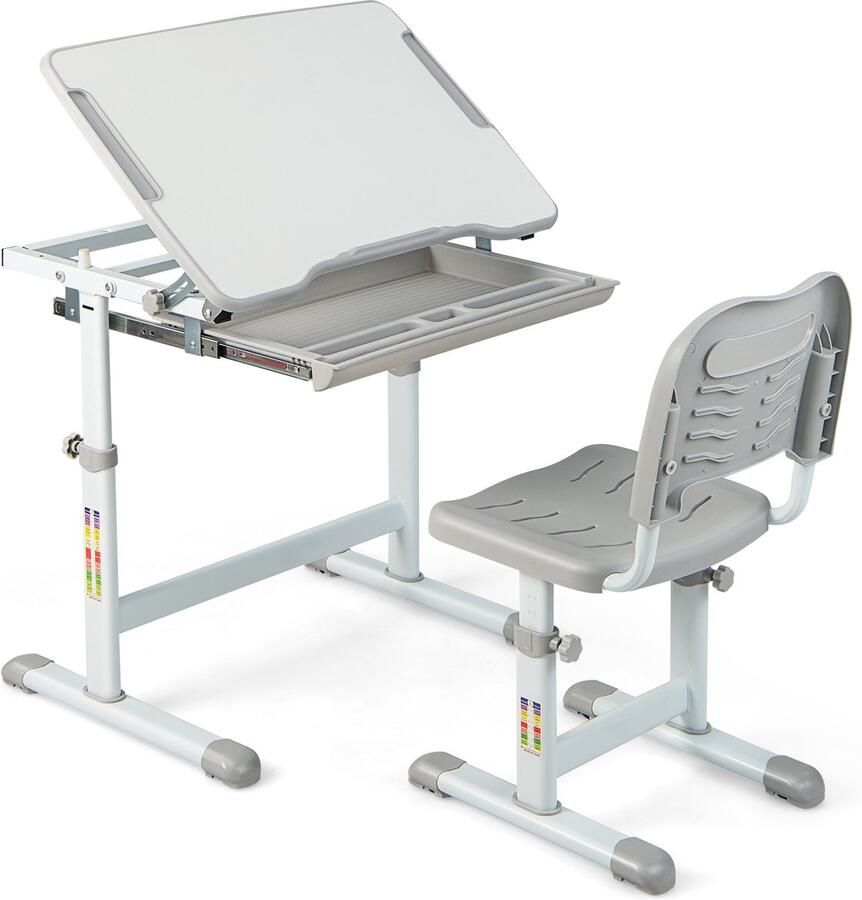 COSTWAY Bureau voor kinderen kinderbureau in hoogte verstelbaar met kantelbaar tafelblad en lade multifunctioneel bureau met stoel voor jongens en meisjes grijs