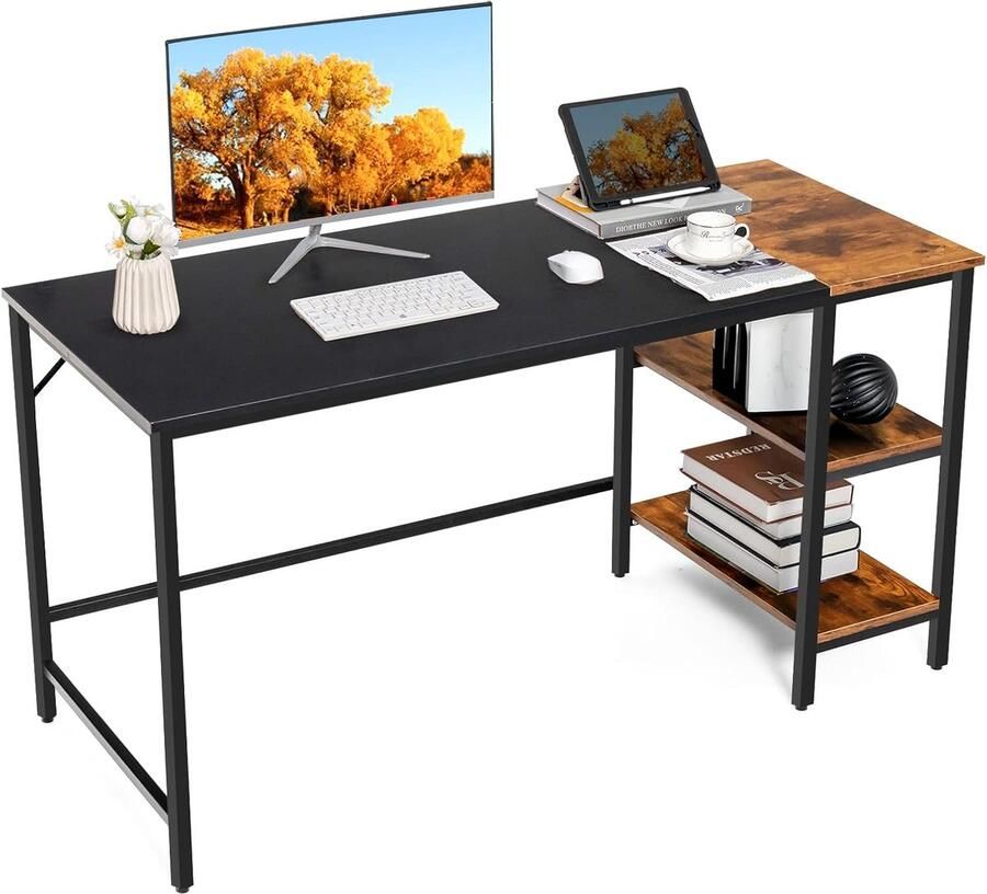 COSTWAY Computertafel bureau hout rustiek bruin en zwart 140 x 60 x 74 cm