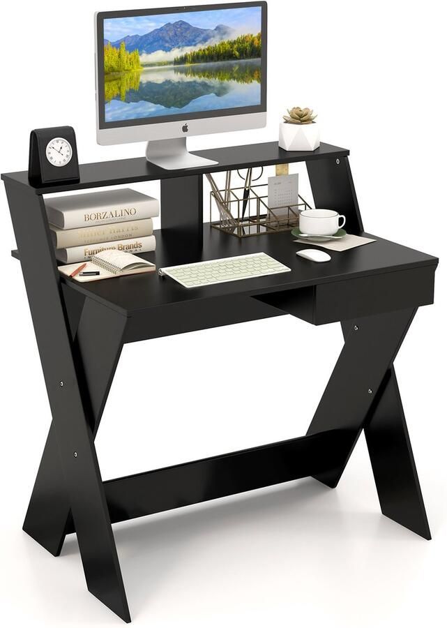 COSTWAY Computertafel met lade bureau met monitorverhoging werktafel X-vormig van hout voor kleine ruimtes thuis en op kantoor 90 x 61 x 94 cm