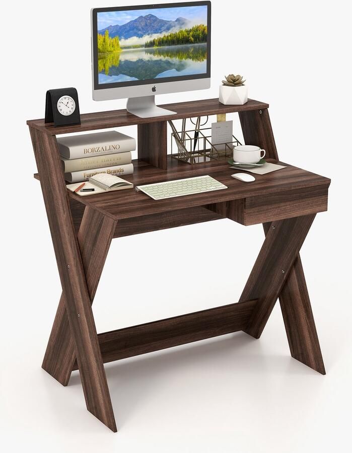 COSTWAY Computertafel met lade bureau met monitorverhoging werktafel X-vormig van hout voor kleine ruimtes thuis en op kantoor 90 x 61 x 94 cm - Foto 2