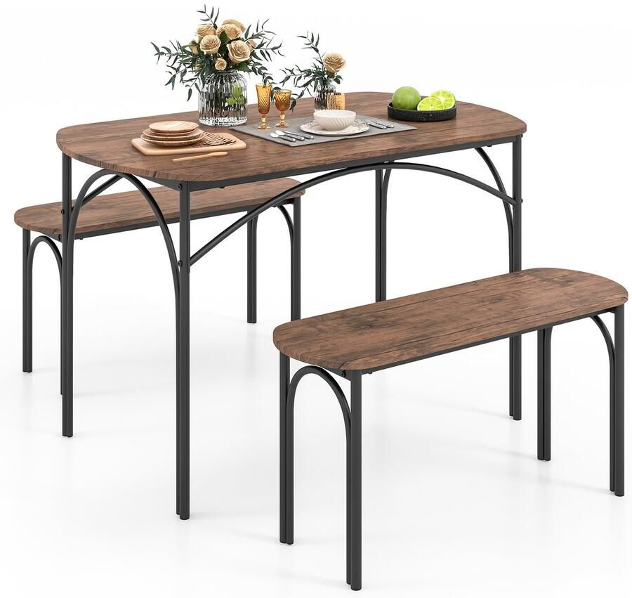 COSTWAY Eettafelset 3-delig keukentafel met 2 banken eetgroep voor 4 personen industriële zitgroep eetkamertafel metalen frame bartafelset voor keuken en eetkamer vintage bruin