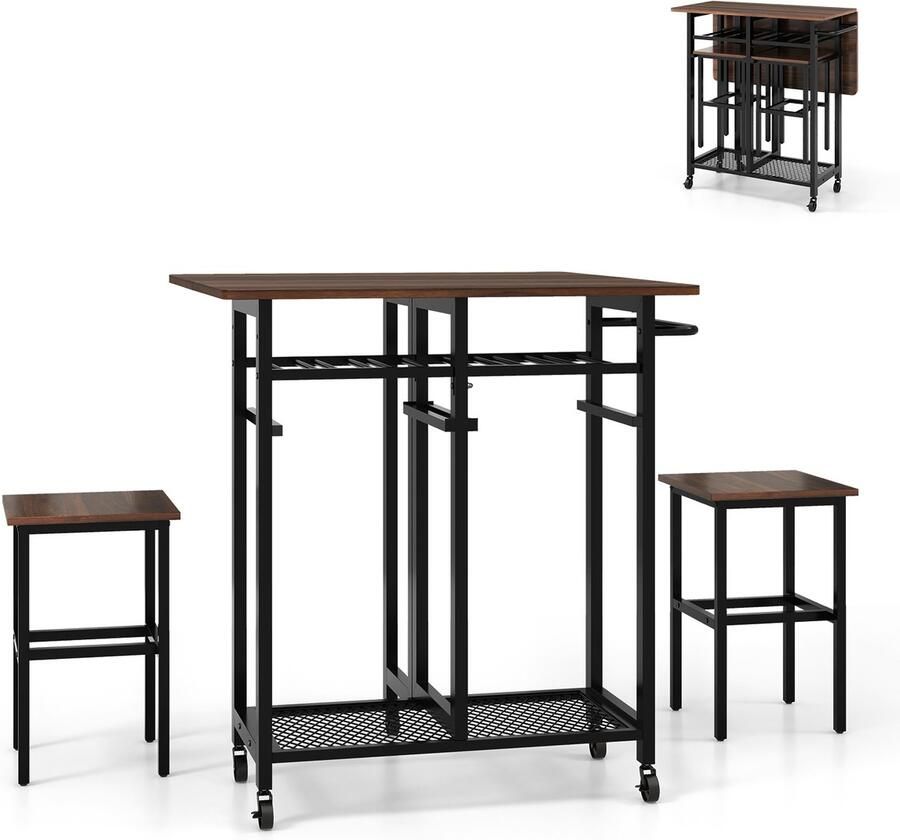 COSTWAY Eettafelset 3-delig uittrekbare keukentafel op wielen met 2 stoelen eetgroep met 6 flessen wijnrek planken en handgreep inklapbare eetkamertafel voor kleine ruimtes (bruin + zwart)