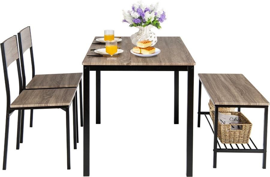 COSTWAY Eettafelset 4-delig keukentafel met 2 stoelen 1 bank en plank eetgroep industriële eetgroep eetkamertafel metalen frame bartafelset voor keuken en eetkamer (grijs)