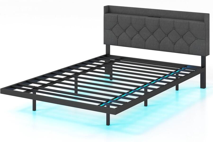 COSTWAY Gestoffeerd bed met ledverlichting en laadstation 140 x 200 cm bed met verstelbaar gewatteerd hoofdeinde en lattenbodem tweepersoonsbed bedframe