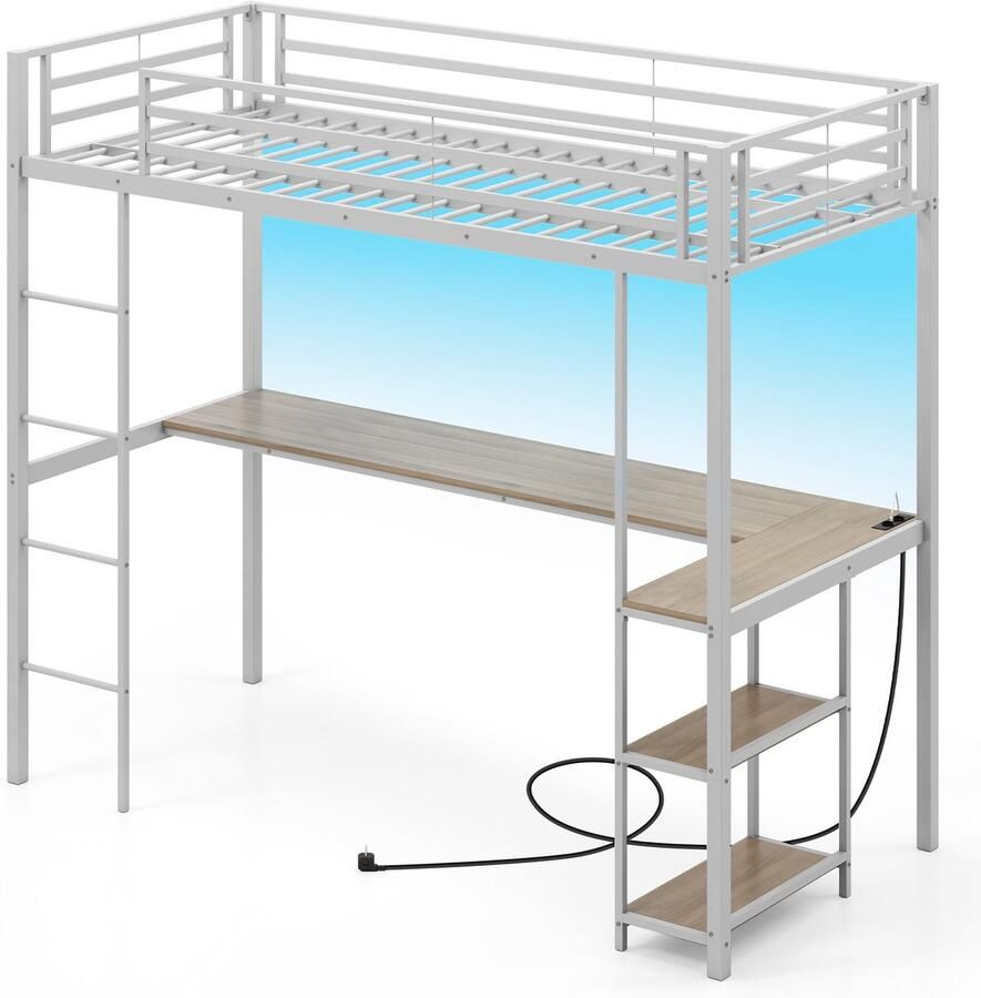 COSTWAY Hoogslaper met bureau 90 x 200 cm stapelbed met ledverlichting laadstation en 2 planken stapelbed van metaal kinderbed met veiligheidsleuning en ladder tienerbed