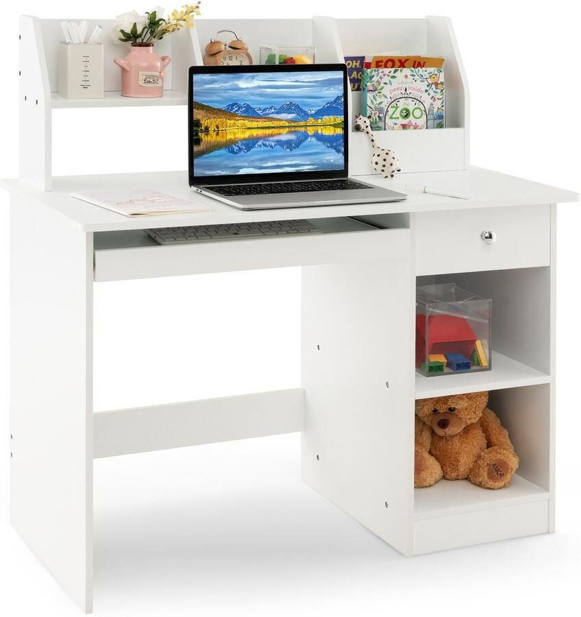 COSTWAY Houten Bureau voor Kinderen en Tieners Computerwerktafel met Nis en Boekenkast Toetsenbordlade Lade Opbergplanken Wit
