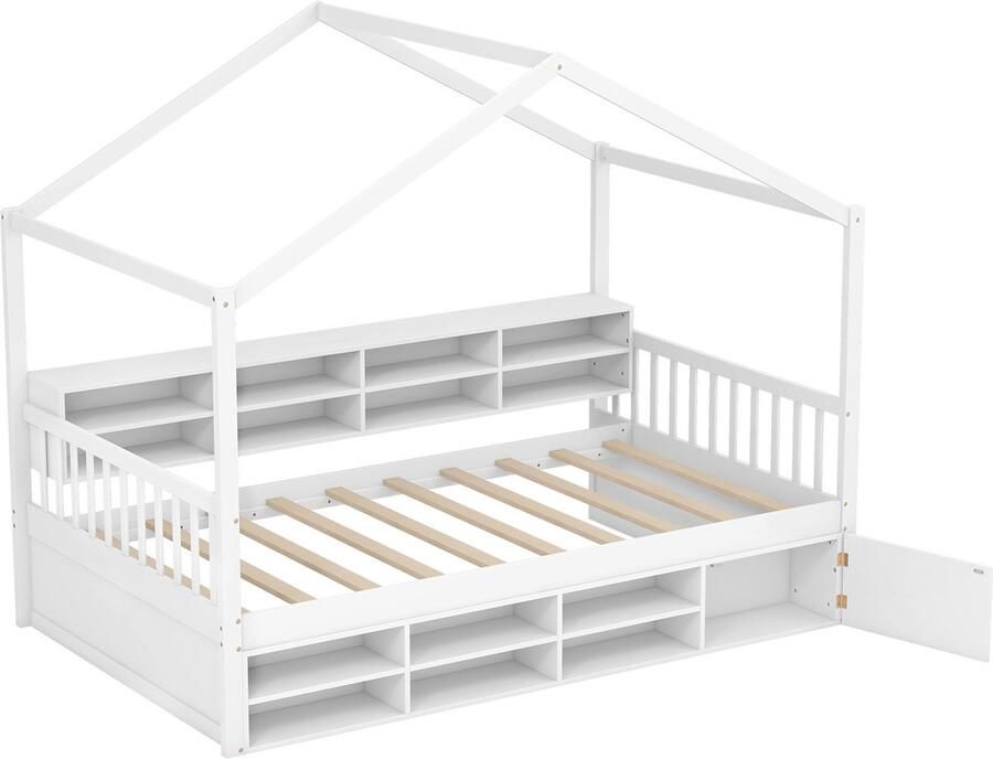 COSTWAY Huisbed 200 x 90 cm kinderbed in huisvorm met valbescherming en lattenbodem jeugdbed met 14 vakken en kast bodembed houten bed voor kinderen jongeren wit