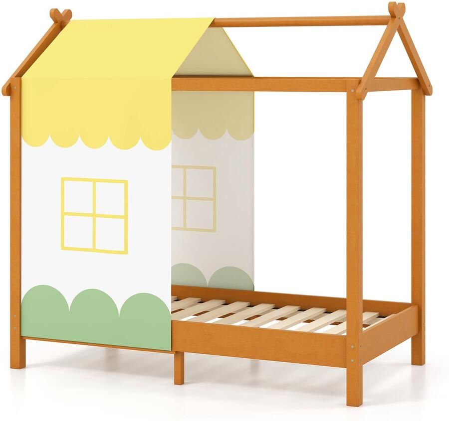 COSTWAY Huisbed met afneembare bedhemel en lattenbodem kinderbed van hout houten bed voor kinderen 70 x 140 cm