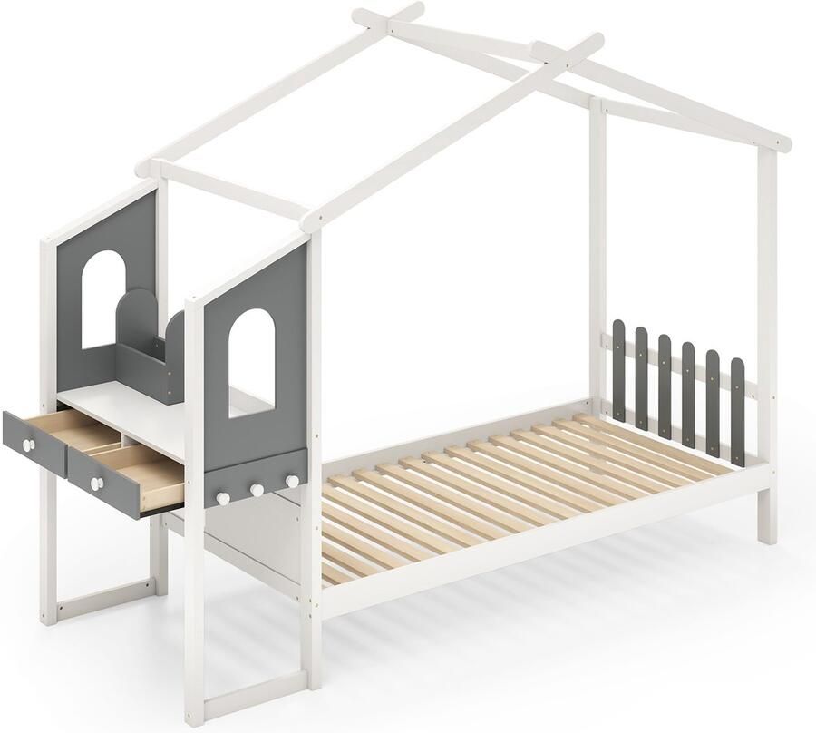 COSTWAY Huisbed met bureau 90x200 cm kinderbed met lattenbodem bureau met opbergdoos laden en haken jeugdbed houten bed voor kinderen wit