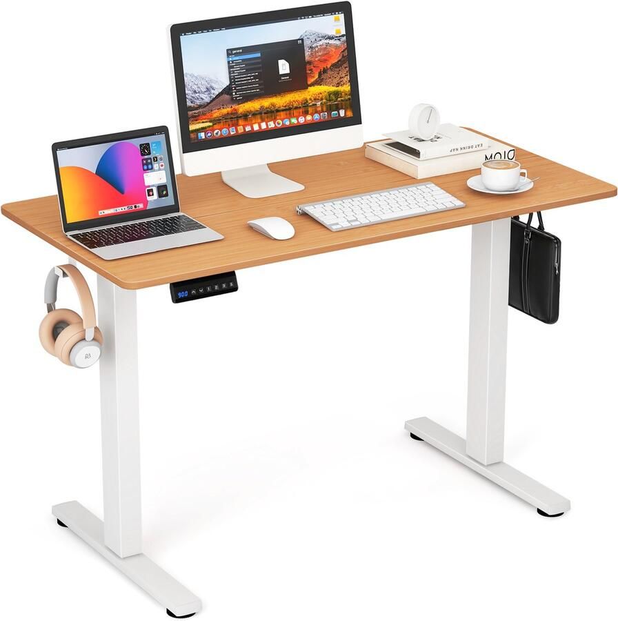 COSTWAY In hoogte verstelbaar bureau 120 x 60 cm elektrisch sta-bureau met 2 haken en kabelmanagement sta-zittafel met geheugenfunctie en botsingsbescherming computertafel voor thuiskantoor