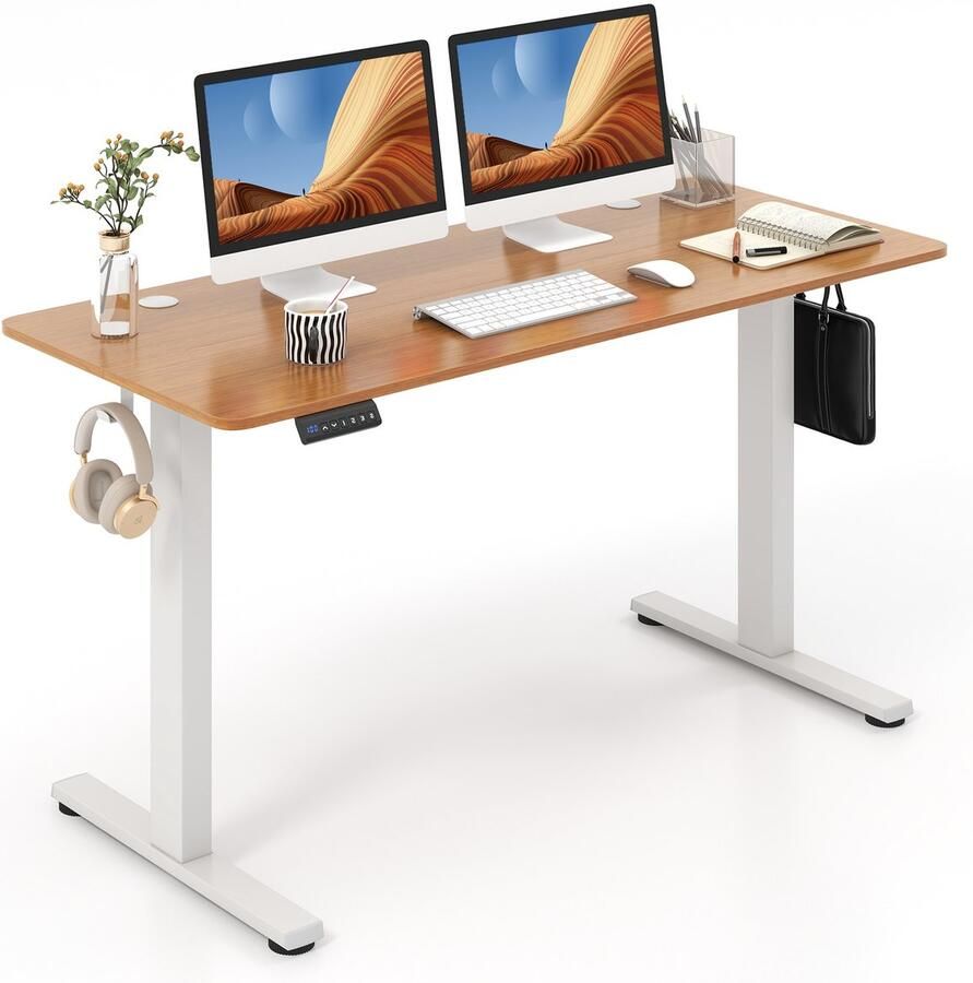 COSTWAY In hoogte verstelbaar bureau 140 x 60 cm elektrisch sta-bureau met 2 haken en kabelmanagement sta-zittafel met geheugenfunctie en botsingsbescherming computertafel voor thuiskantoor