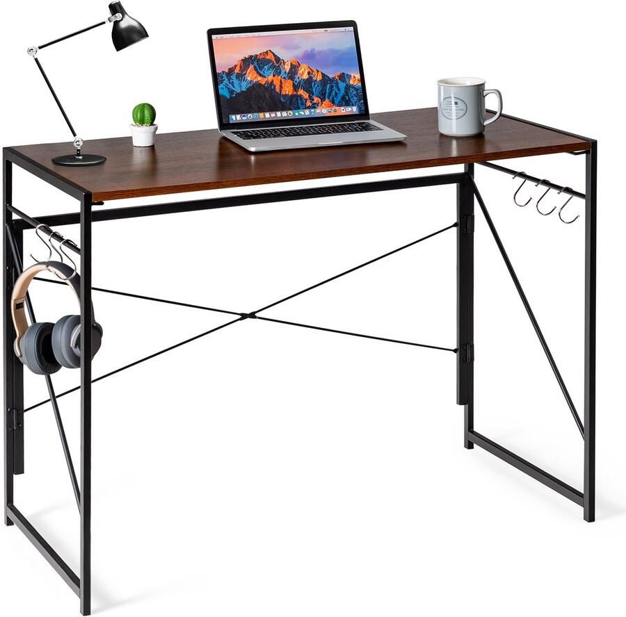 COSTWAY Inklapbaar bureau 100 x 50 cm klaptafel met 6 haken en metalen frame ruimtebesparende computertafel laptoptafel werktafel industrieel voor thuis kantoor belastbaar tot 115 kg