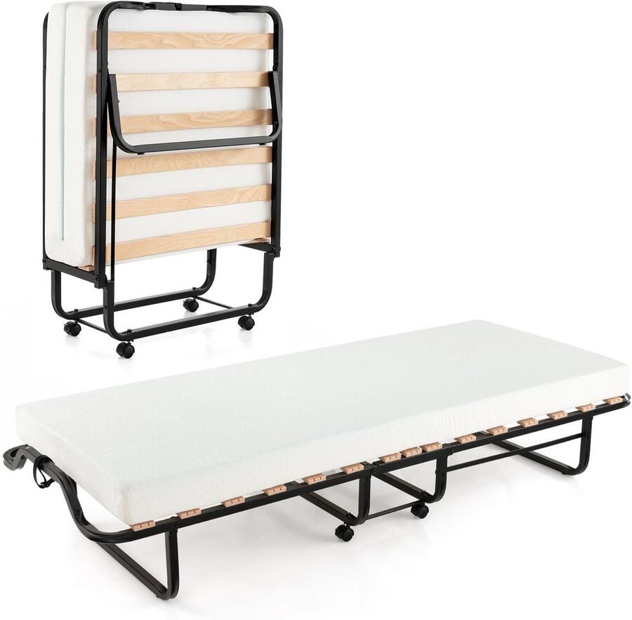 COSTWAY Inklapbaar logeerbed 80 x 200 cm opklapbed met 10 cm dikke schuimstofmatras vouwbed met wielen en stevig metalen frame belastbaar tot 220 kg