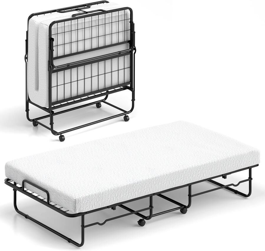 COSTWAY Inklapbaar logeerbed 90 x 190 cm opklapbed met 10 cm dik schuimmatras lattenbodem van metaal vouwbed met wielen en robuust metalen frame belastbaar tot 220 kg