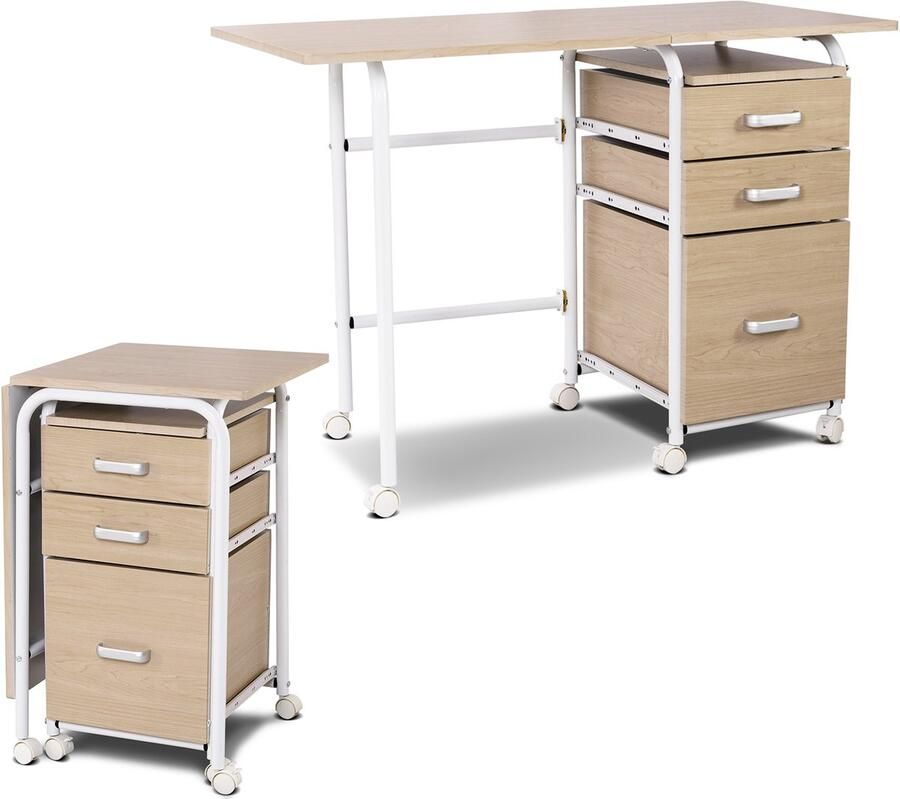 COSTWAY Inklapbare computertafel met 3 laden en wieltjes bureau met metalen frame ruimtebesparend bureau klapbureau voor kleine ruimtes 105 x 50 x 75 cm naturel
