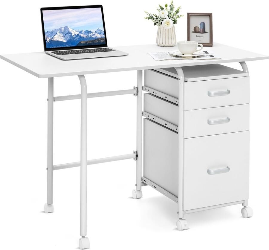 COSTWAY Inklapbare computertafel met 3 laden en wieltjes bureau met metalen frame ruimtebesparend bureau klapbureau voor kleine ruimtes 105 x 50 x 75 cm wit