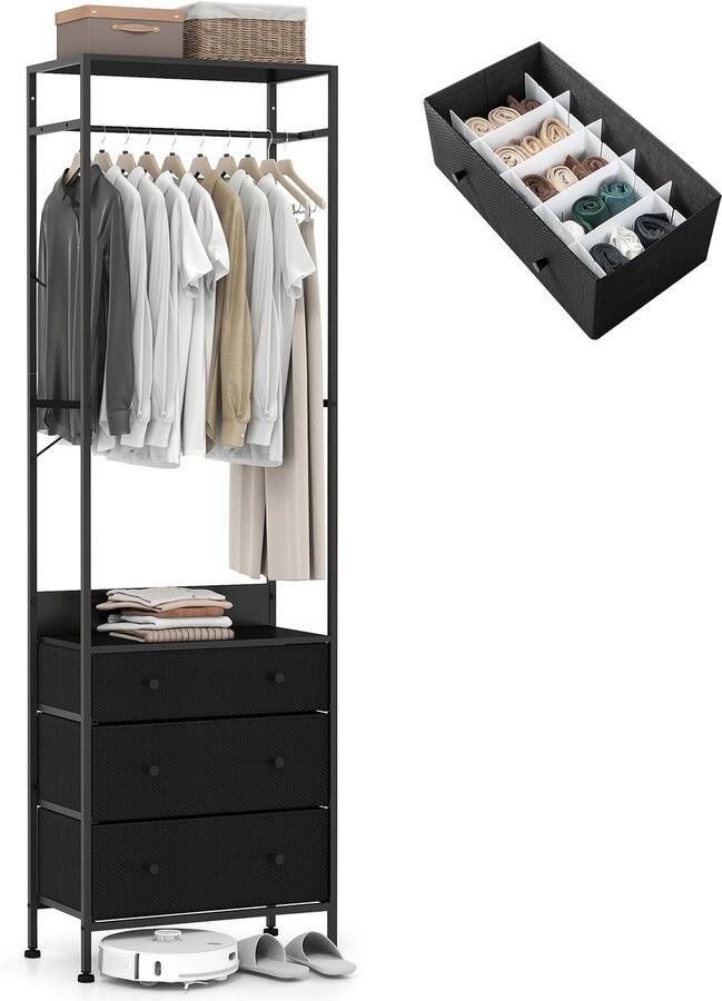 COSTWAY Kapstok met 3 laden garderobe met ophangstang en opbergvakken kledingstandaard vrijstaand industriële halgarderobe voor hal en slaapkamer 55 x 28 x 176 cm (zwart)