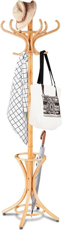 COSTWAY Kapstok met parapluhouder jasstandaard met 12 kledinghaken kapstok van hout garderobe staande garderobe voor hal woonkamer en slaapkamer