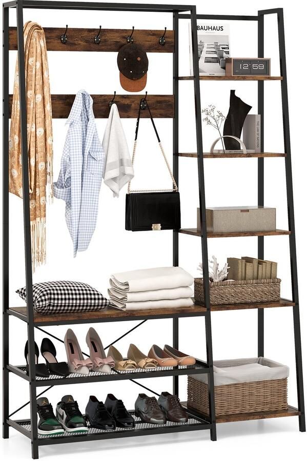 COSTWAY Kapstok met schoenenbank 2 schoenenplanken 9 haken 5 zijplanken en kledingstang kledingrek met bank garderobe van metaal vintage bruin 118 x 40 x 180 cm