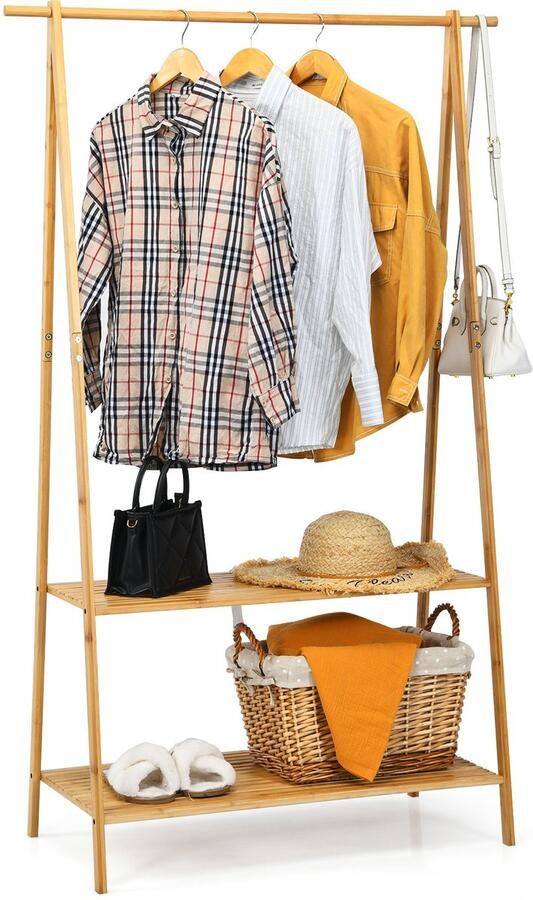 COSTWAY Kapstok van bamboe kapstok met 2 planken kledingstang voor entree hal slaapkamer 101 x 45 x 160 cm naturel