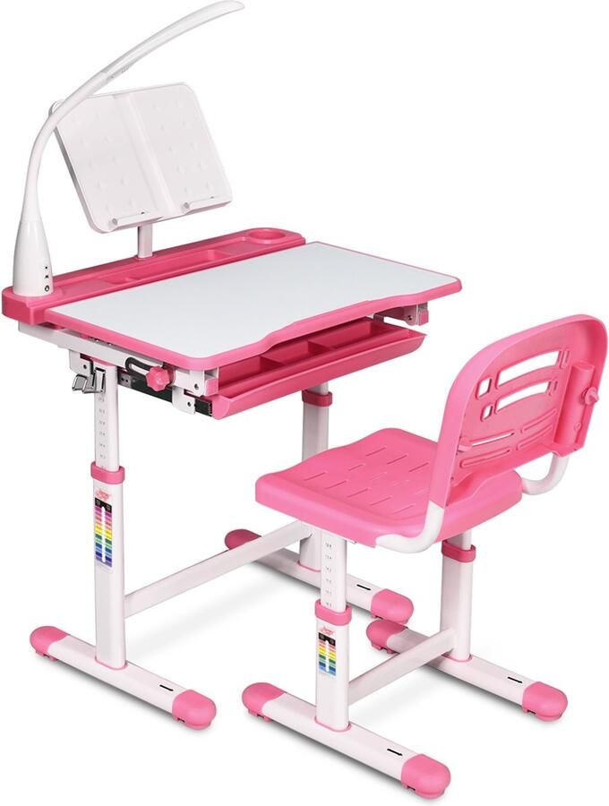 Costway Kinderbureau in hoogte verstelbaar bureau voor scholieren met lamp kantelbaar kindermeubel kindertafel met stoel bureau met lade kleurkeuze (lichtroze)