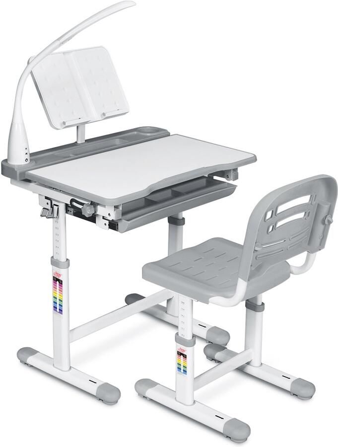Kinderbureau in hoogte verstelbaar bureau voor studenten met lamp kindermeubilair kantelbaar kindertafel met stoel bureau met lade keuze uit kleuren (grijs)